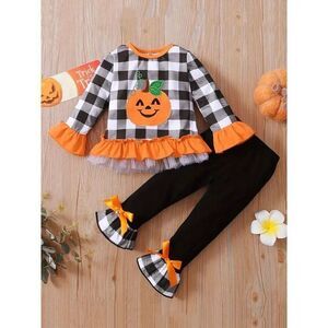 Girls Halloween Clothes Pumpkin Plaid‎ Ruffles Crew Neck Plaid 4-5 NEW